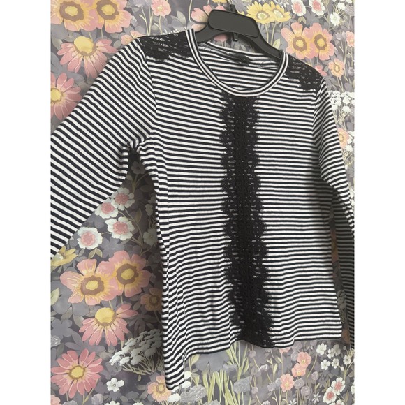 JCrew Black White Stripe Lace Trim Long Sleeve Top Womens Size Small - Picture 6 of 8